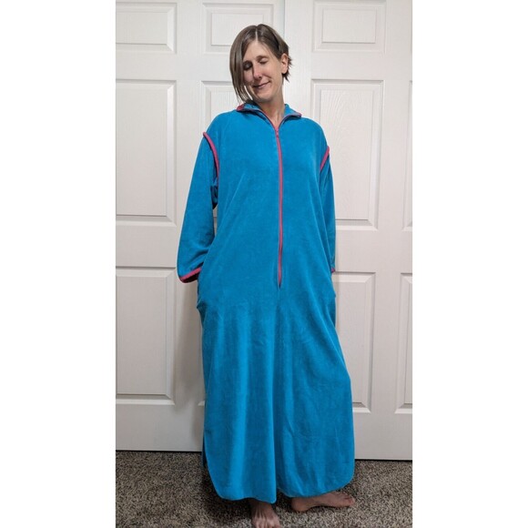 Vintage 80's David Brown for Saks Fifth Avenue Blue Velour Nightgown Maxi Size M - Picture 2 of 16